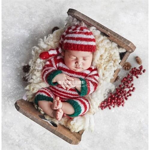 Christmas Suit Newborn Footed Romper Knit Baby Sleep Bonnet Santa Hat Long Sleeved Footed Full Set Baby Photo Props