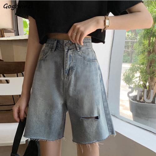 Shorts Women Ripped Hole Straight Knee-length Teen Girls Loose Summer Korean Style High Waist Denim All-match Vintage Tassel Ins