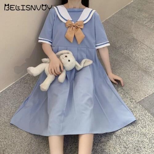 Japanese Harajuku Sailor Collar Bow Dress Girls Sweet Preppy Style Kawaii Short Sleeve Dress Pleated JK Cosplay Women Dresses