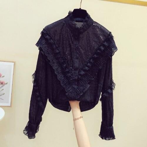 Sequined Lace Patchwork Women Shirts Solid Black Summer New 2021 Ruffles Slim Office Lady Elegant Outwear Tops