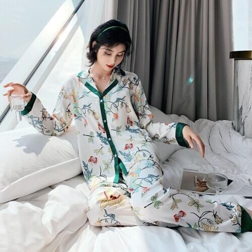 Women Pajamas Pyjamas Suit Female Sleep Set Loose Home WearSet Satin Floral Print Long Sleeve 2PCS Shirt&Pant Autumn New