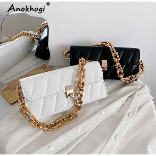 Ladies New Style Casual PU Chain Strap Baguette Handbag Women Fashion Classic Metal Lock Underarm Shoulder Bag