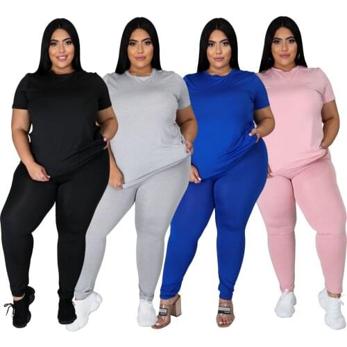 Plus Size Two Piece Women Pants Sets Casual Women Clothing Round Neck Short Sleeve Solid Summer Clothes Wholesale Dropshipping