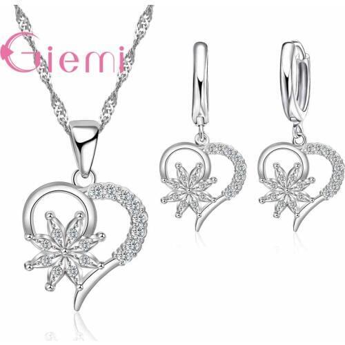 Paticular Female Gifts 925 Sterling Silver Jewelry Sets Heart and Flower Shape Shiny Women Crystal Necklace Earrings Chain