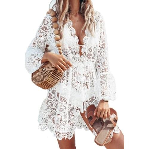 Women Lace V Neck Mini Dress Boho Evening Party Summer Beach Casual Short Sundress Sexy Mesh Bikini Swimwear Cover Up Vestidos