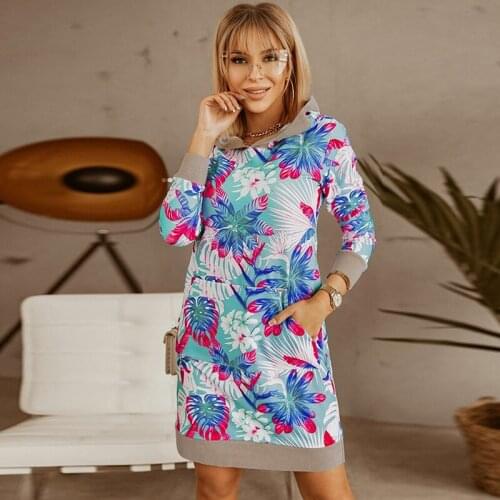 Full Sleeve Hooded Dress Above Knee Autumn Clothing Women Floral Print Colorful Patterns Ladies Casual Hoodies Loose Dress New