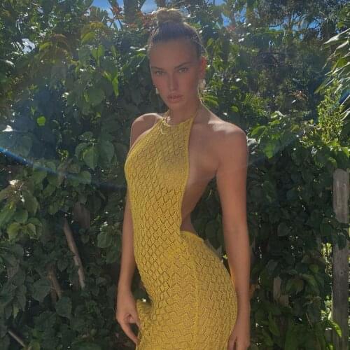 Sleeveless Halter Sexy Backless Maxi Dress Women Knitted See Through Beachwear Summer Holiday Long Split Dresses