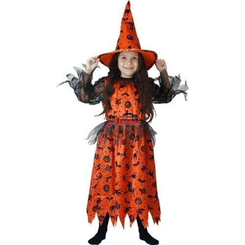 Kids Children Cosplay Scary Wizard Costume Dress with Pumpkin Witch Dress and Hat