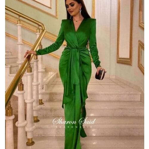 Elegant Emerald Green Muslim Evening Dress Long Sleeve V-Neck Arabic Dubai Formal Dresses for Women Wedding Guest Party Gowns