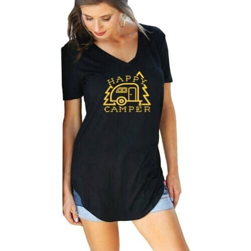 HAPPY CAMPER Letter Print Plus Size 5XL V-Neck T-Shirts Women Tees Tops Female Fashion Loose Tshirt Casual Clothes Summer