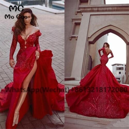 Red 2021 Mermaid Prom Dresses With Attachable Train Lace Appliques Long Sleeves Beaded Arabic Off Shoulder Formal Evening Gowns