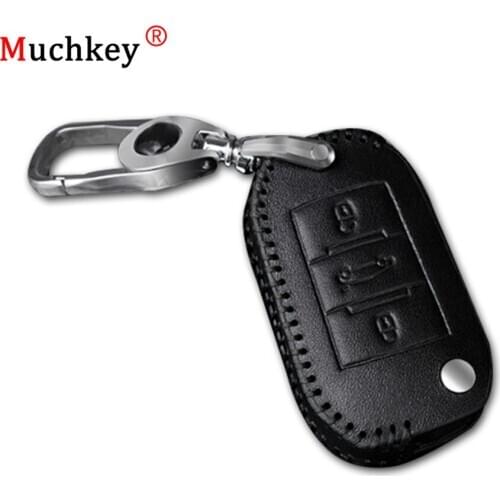 Muchkey Leather Remote Case Car Key Bag Cover For CITROEN 3 Buttons Folding Key Luxury Genuine Hand Sew Black Line
