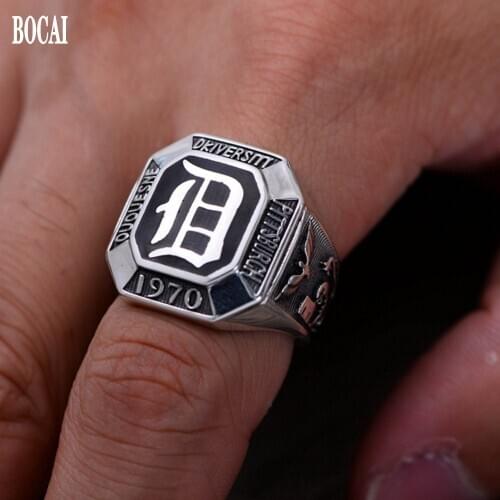 BOCAI real S925 sterling silver man ring 1970 university commemorative edition honor school ring male and female ring