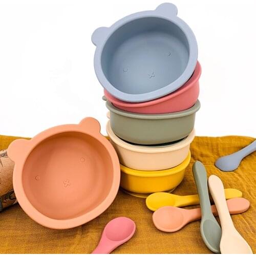 New Silicone Baby Feeding Cartoon Bowl Tableware Waterproof Spoon Non-Slip Crockery BPA Free Silicone Dishes for Baby Plate