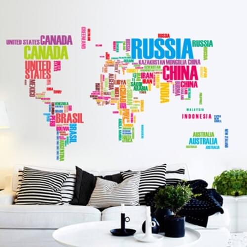 New Home Bedroom Decoration Large World Map Wall Stickers Creative Letters Map Wall Art Wall Decals with Good Quality Free Ship