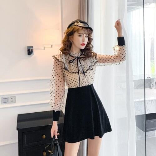 2021 Spring New Korean Bowknot Wood Ears Ruffle Collar Polka Dot Mesh Stitching Fairy One Piece Fashion WomenS Clothing Dress
