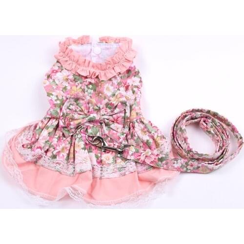 New Dog Cat Dress Shirt Floral&Bow with Matching Dog Leash Pet Puppy Skirt Spring/Summer clothes apparel 5 sizes 2 Colours