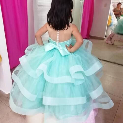 Custom New Flower Girls Dresses for Weddings Bow Tiered Tulle Backless Party Pageant Gowns Princess Communion Dresses