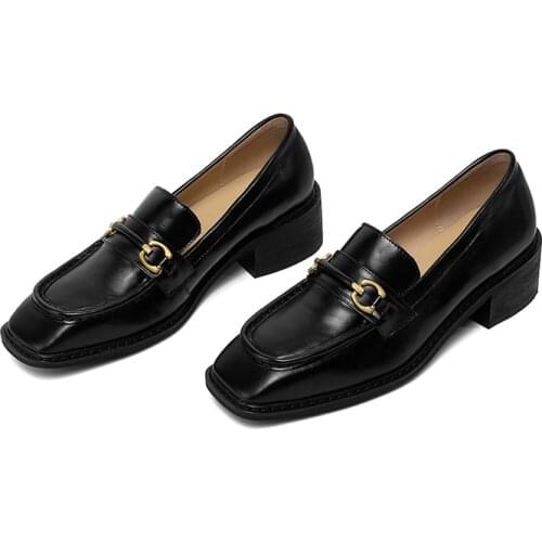 GUIDIBASIC Genuine Cow Leather Loafers Ladies Shoes French Retro Square Head Deep Mouth Shoes Thick Heel Rubber Outsole Handmade