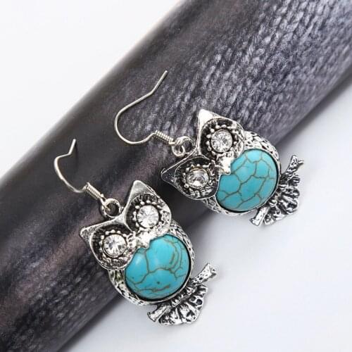 Vintage Antique Silver Color Opal Owl Statement Drop Earrings Retro Fashion Exaggerate Geometric Dangle Brincos Bijoux For Women