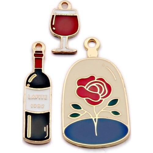 DIY Jewelry Findings Ornament Accessories 60pcs Red Wine Bottle Rose Flower Earring Necklace Foating Pendants Oil Drop Charms