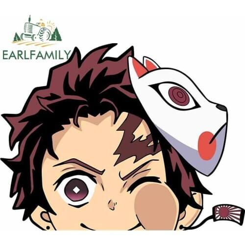 EARLFAMILY 13cm x 10.2cm Anime Peeker Funny Car Stickers for Demon Slayer Tanjirou Waterproof Vinyl Auto Decal Occlusion Scratch