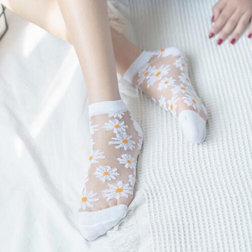 Women Summer Socks Girls Sweet Daisy Embroidery Short Socks Transparent Soft Princess Ankle Socks 5pair/set