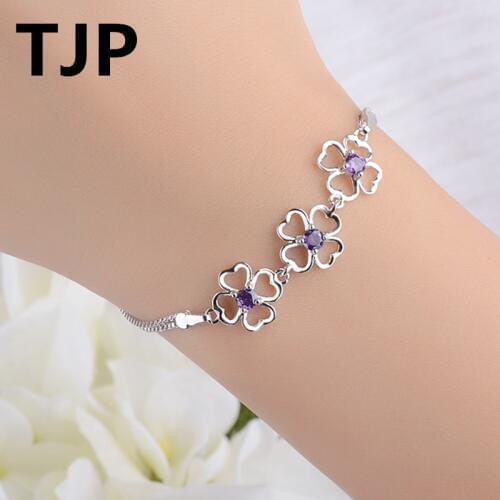 TJP Lovely Flower Shaped Women Crystal Bracelets Jewelry 925 Sterling Silver Girl Lady Bangle Accessories Wedding Party Hot