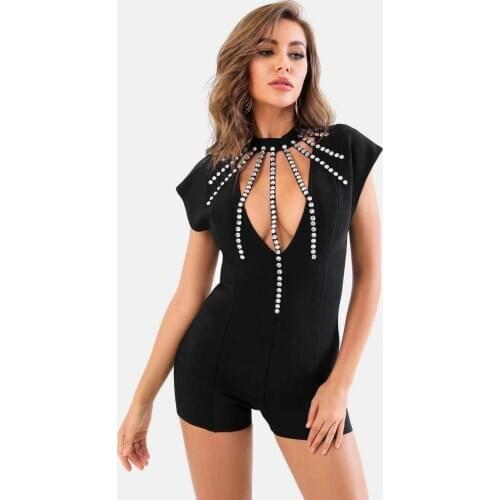 Top Quality Ladies Sexy Diamonds Hollow Out Sleeveless Black Bandage Playsuits 2021 Celebrity Designer Fashion Party Playsuits