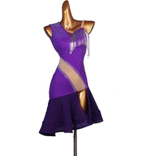 Women Custom Made Latin Dance Competition Performance Suit Sleeveless Dance Dress Lake Blue Rhinestone Sling dance dress