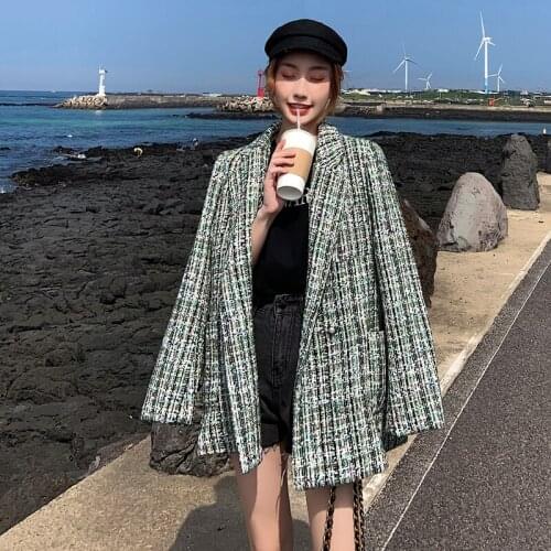 Tweed Blazers for Women Autumn Winter Vintage Elegant Loose Korean Style Casual Plaid Suit Jacket Coat Outerwear Lady 6035