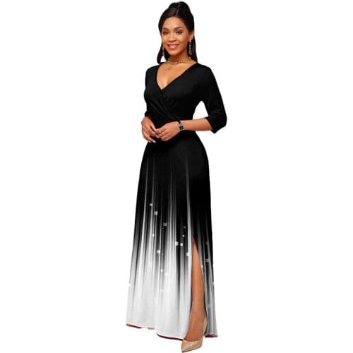 2021 Autumn New Ladies Elegant Gradient Color Black and White V-Neck Dresses Sexy Fashion Side Split Half Sleeve A Line Dress