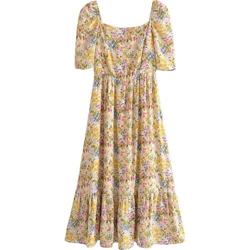 YENKYE Vintage Prairie Chic Floral Print Dress Women Sexy Square Neck Half Sleeve Holiday Summer Chiffon Dress Ladies Vestido