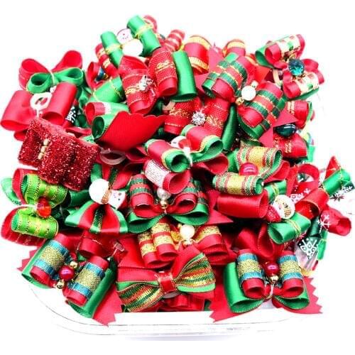 100pcs in pairs Christmas Dog Hair Bows Handmade Pet Dog Holiday Hair Accessories Rubber bands Samll dog Grooming Products