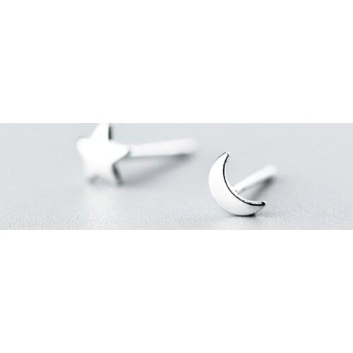 100% 925 Sterling Silver Womens Fashion Cute Tiny Star Moon Stud Earrings for School Girls Daughters Wedding Jewelry eh271