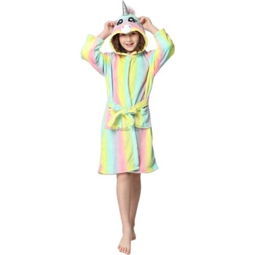 2021 Winter Warm Soft Flannel Rainbow Unicorn Bathrobe Children Sleepwear Kids Kigurumi Pajamas Unicorn Bath Robe Animal Robes