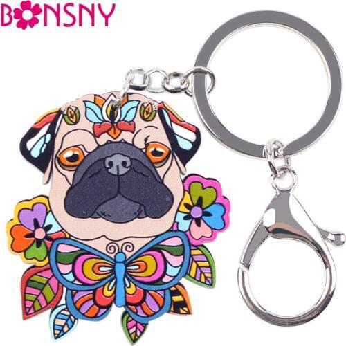 Bonsny Acrylic Statement Dog Jewelry Pug Dog Key Chain Key Ring Pom Gift For Women Girl Bag Charm Keychain Pendant Jewelry