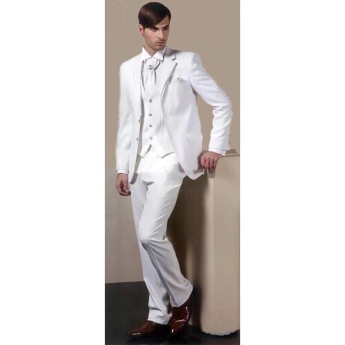 Three Piece White Evening Party Men Suits Notch Lapel Trim Fit Custom Made Wedding Tuxedos (Jacket + Pants + Vest+Tie)