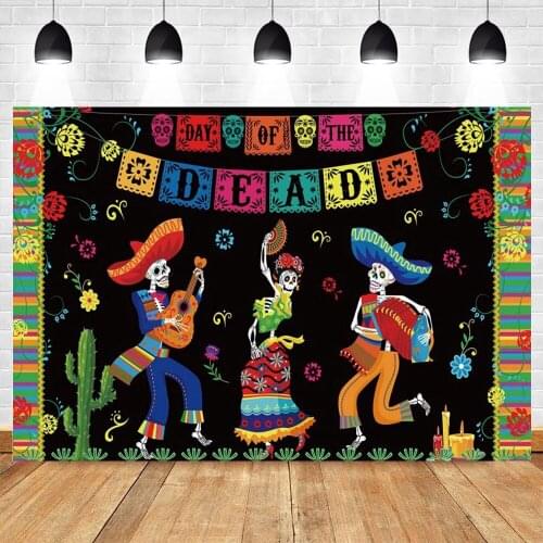 Day of The Dead Backdrop for Mexican Fiesta Sugar Skull Flowers Photography Background Dia DE Los Muertos Decoration Banner