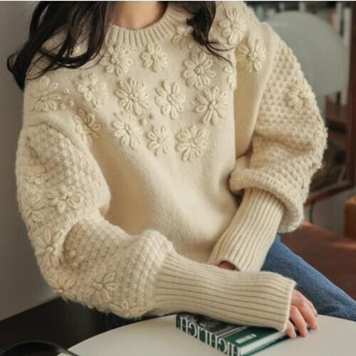 Eliasha Lantern Long Sleeves Loose Knit Jumper Women Sweaters Pullovers 2020 Winter Warm Vintage Floral Emboidered Boho Sweaters