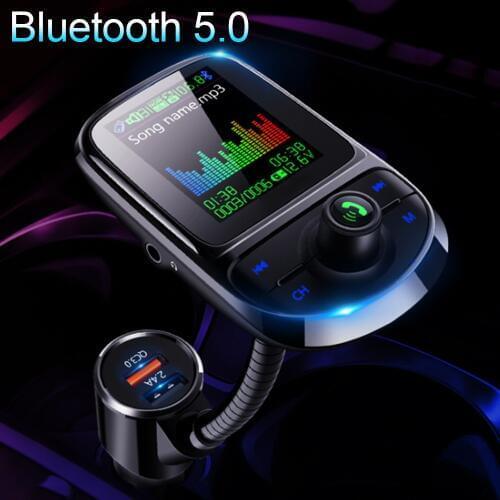 JINSERTA Color Screen Bluetooth 5.0 FM Transmitter Handsfree Car Kit Radio Adapter 3 USB Port with QC3.0 Fast Charge