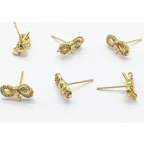 New arrival!7x13mm 20pcs Plating Real gold Cubic Zirconia bows shape Ear Stud for Earrings DIY parts,Jewelry Earrings Findings