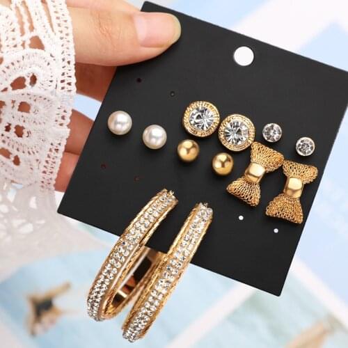 Hesiod 12pcs Gold Silver Color Round Stud Earrings Set for Women Trendy Mix Style Statement Crystal Bowknot Big Earrings Sets