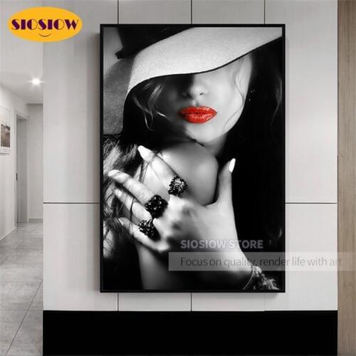 5d Diy Sexy Woman Red Lips Diamond Painting Cross-stitch Full Square Drill Resin Daimond Mosaic Embroidery Black And White Art
