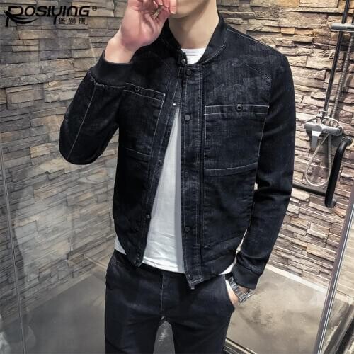New Men Denim Jean Jacket Short Boys Coat Single Breasted Long Sleeve Casual Outwear Size L-4XL S107