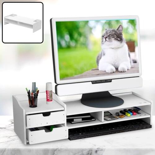 2-Tiers Computer Desktop Monitor Stand Shelf Wooden PVC Monitor Riser For Notebook TV Screen Riser With Storage Organizer Shelf