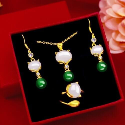 NATURAL EMERALD RING 14K GOLD NECKLACE DROP EARRING JEWELRY SET FOR WOMEN GREEN GEMSTONE STONE PENDANT JADE CLAVICLE NECKLACES