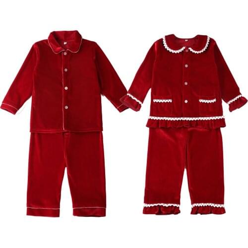 2021 Peter Pan Collar Children Button Up Red Velvet Boy Baby Sleepwear Kids Christmas Pyjamas Sets
