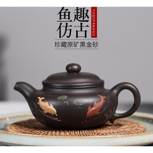 Recommended by famous yixing undressed ore black gold just mud painting interesting antique teapot tea fish a undertakes