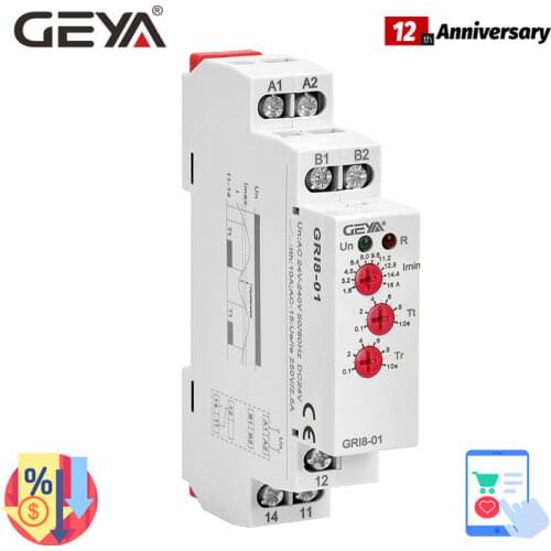 GEYA GRI8 Current Relay Monitoring Range Overcurrent Undercurrent Switch 0.05A-16A AC24-240V OR DC24V